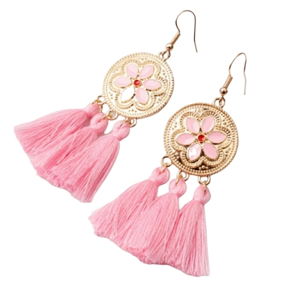 Bohemian Tassels Earrings Dangles Pink‎ and Gold - Picture 1 of 2